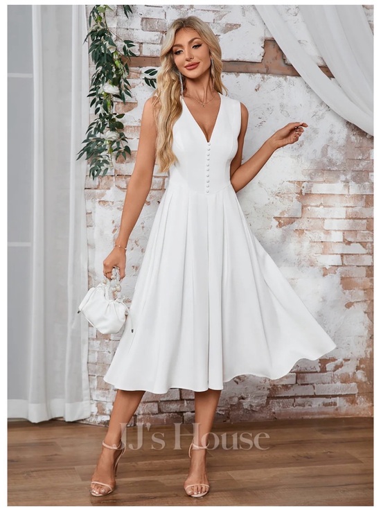 JJs House Dresses & Skirts - White V-Neck Sleeveless Midi Dress - Elegant Classic